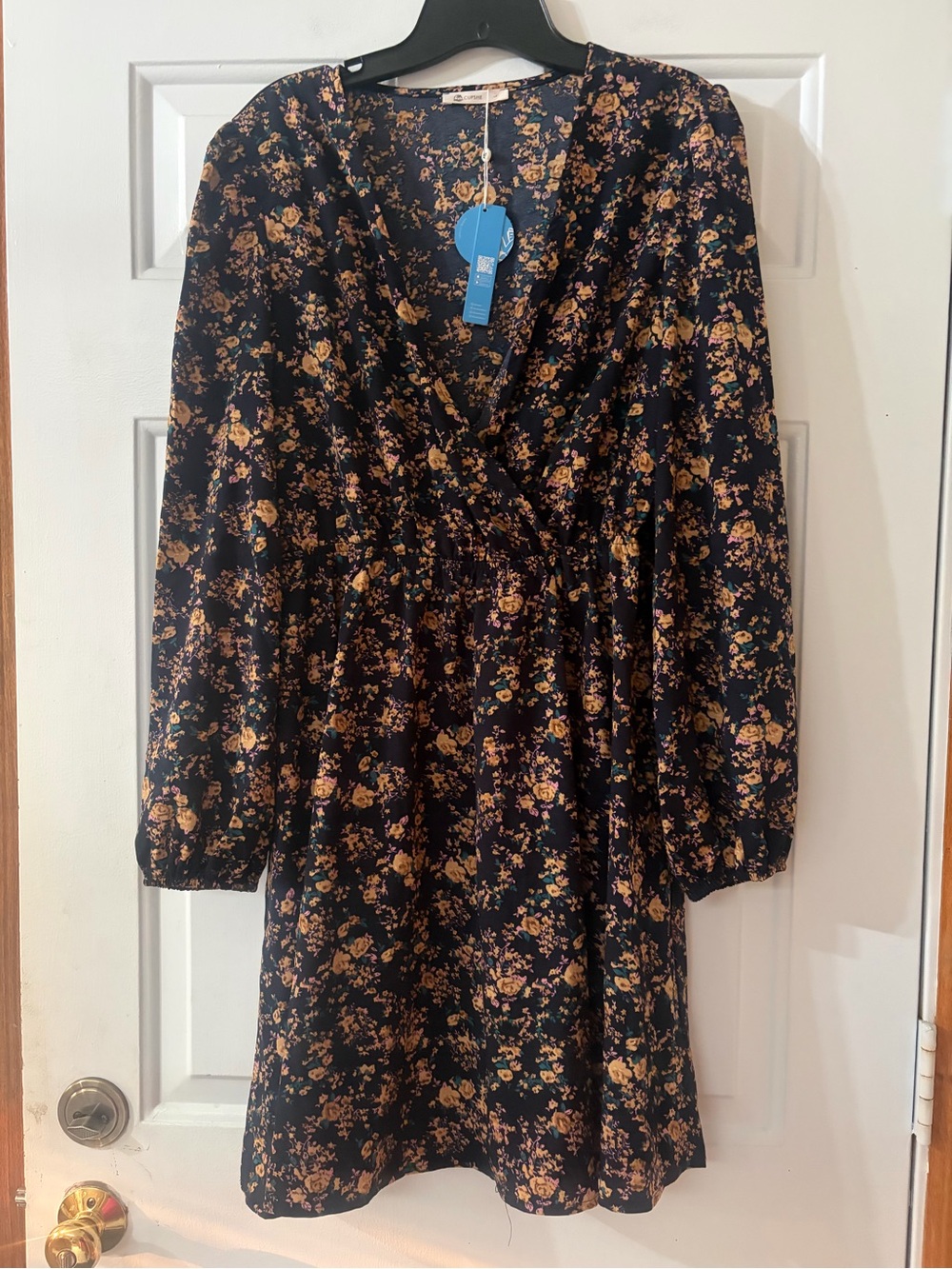 Cupshe navy floral long sleeve v-neck boho fit and flare dress size large NWT - Picture 1 of 14